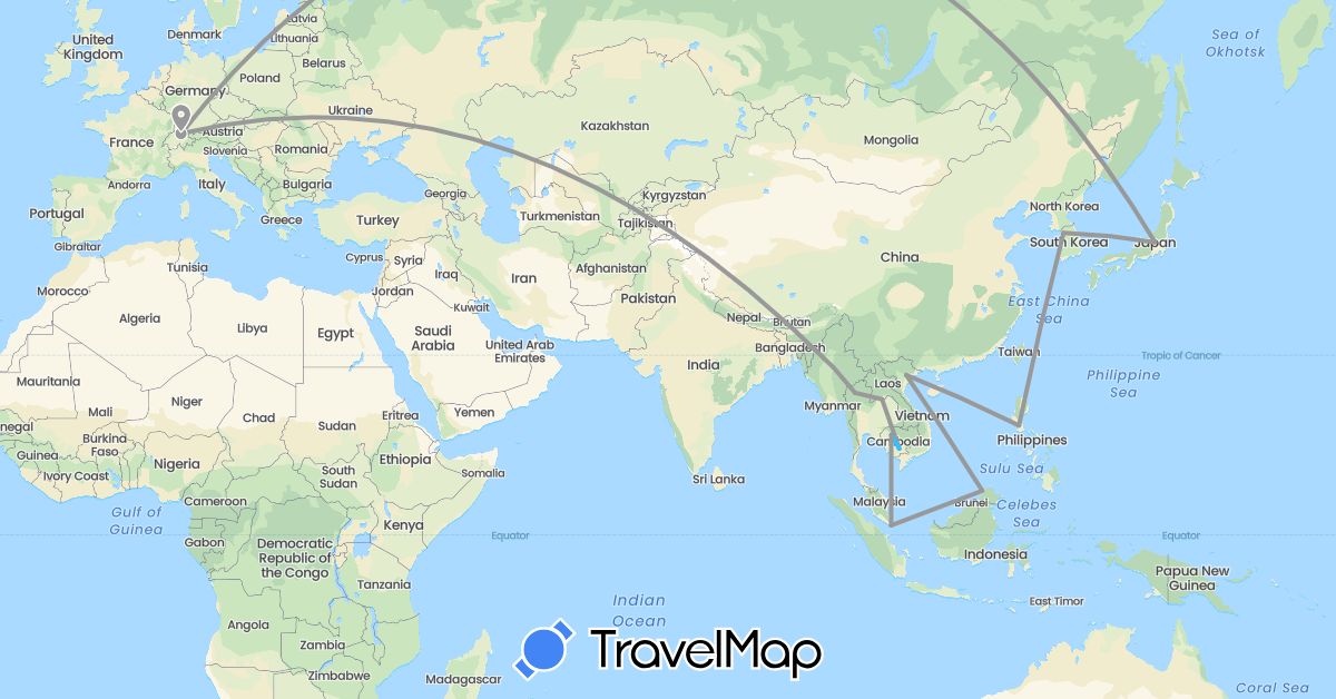 TravelMap itinerary: plane, boat in Switzerland, Japan, Cambodia, South Korea, Laos, Myanmar (Burma), Malaysia, Philippines, Singapore, Thailand, Vietnam (Asia, Europe)